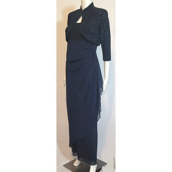 Alex Evenings Navy Blue Draped Column Gown With Bolero Jacket Size 6P - Picture 4 of 16